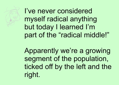 I've never considered myself radical anything but today I learned I'm part of the "radical middle!"  Apparently we're a growing segment of the population, ticked off by the left and the right.